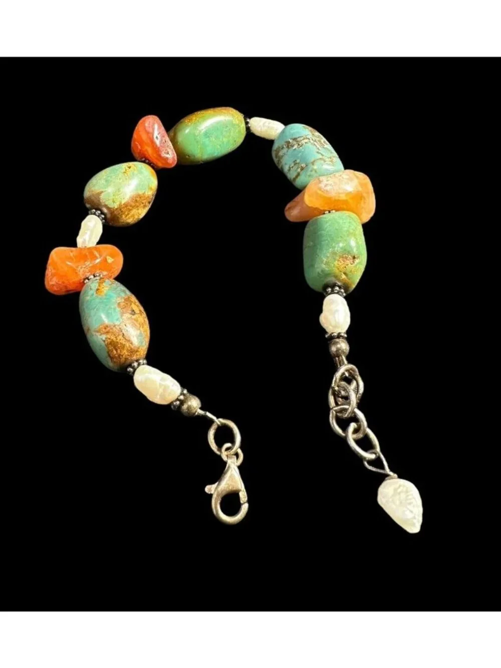 Bracelet 925 Turquoise Carnelian And Pearl Beads Adjustable Long Vintage
